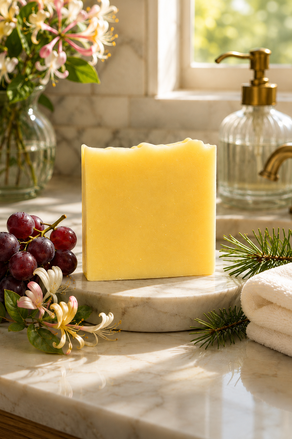Georgia Summer handmade honeysuckle muscadine grape soap bar on marble tray with fresh flowers and pine sprigs in a bright bathroom setting — Griffinhaus Artisan Soap