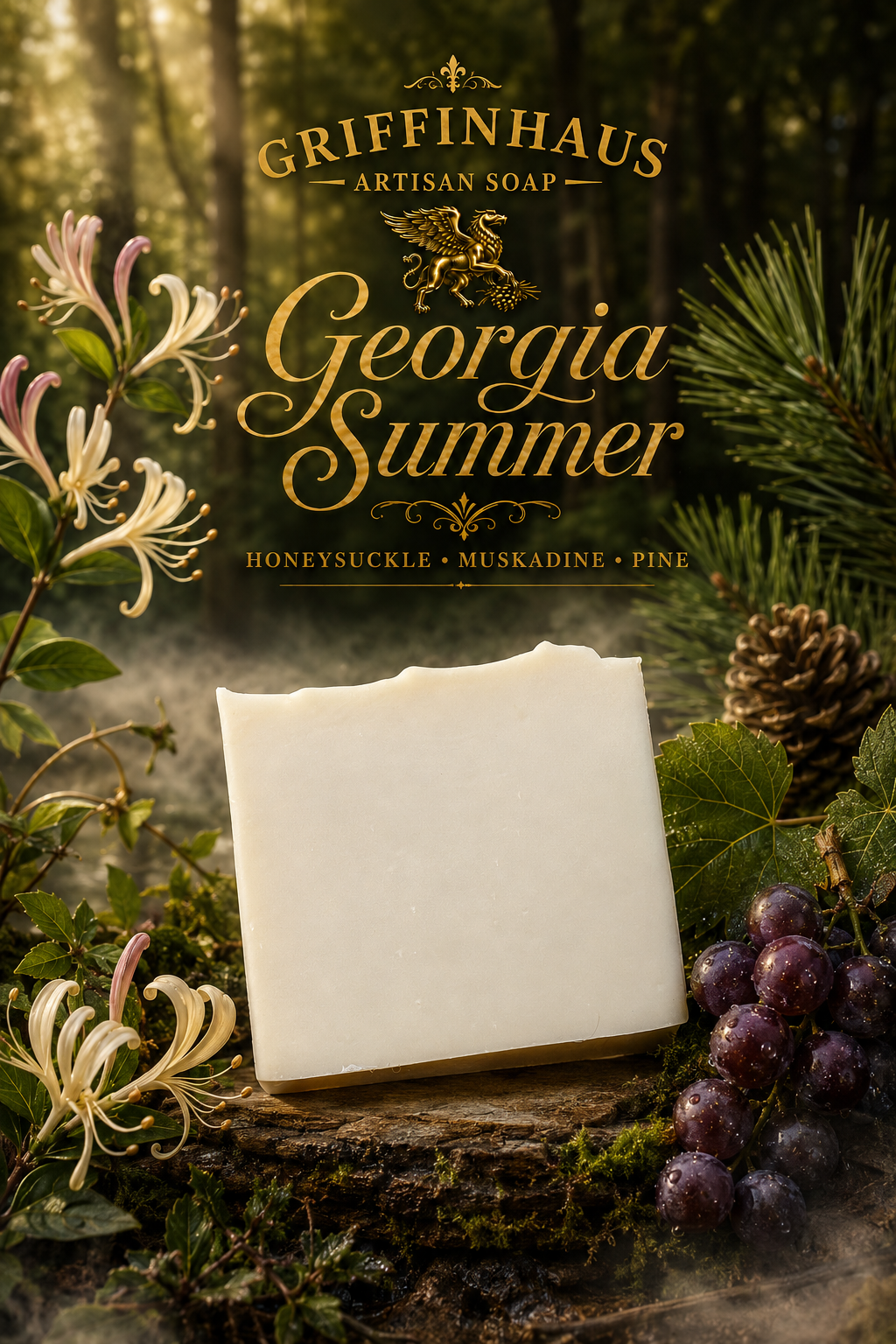 Honeysuckle muscadine grape and pine handmade artisan soap bar in a misty North Georgia forest setting — Griffinhaus Artisan Soap Georgia Summer