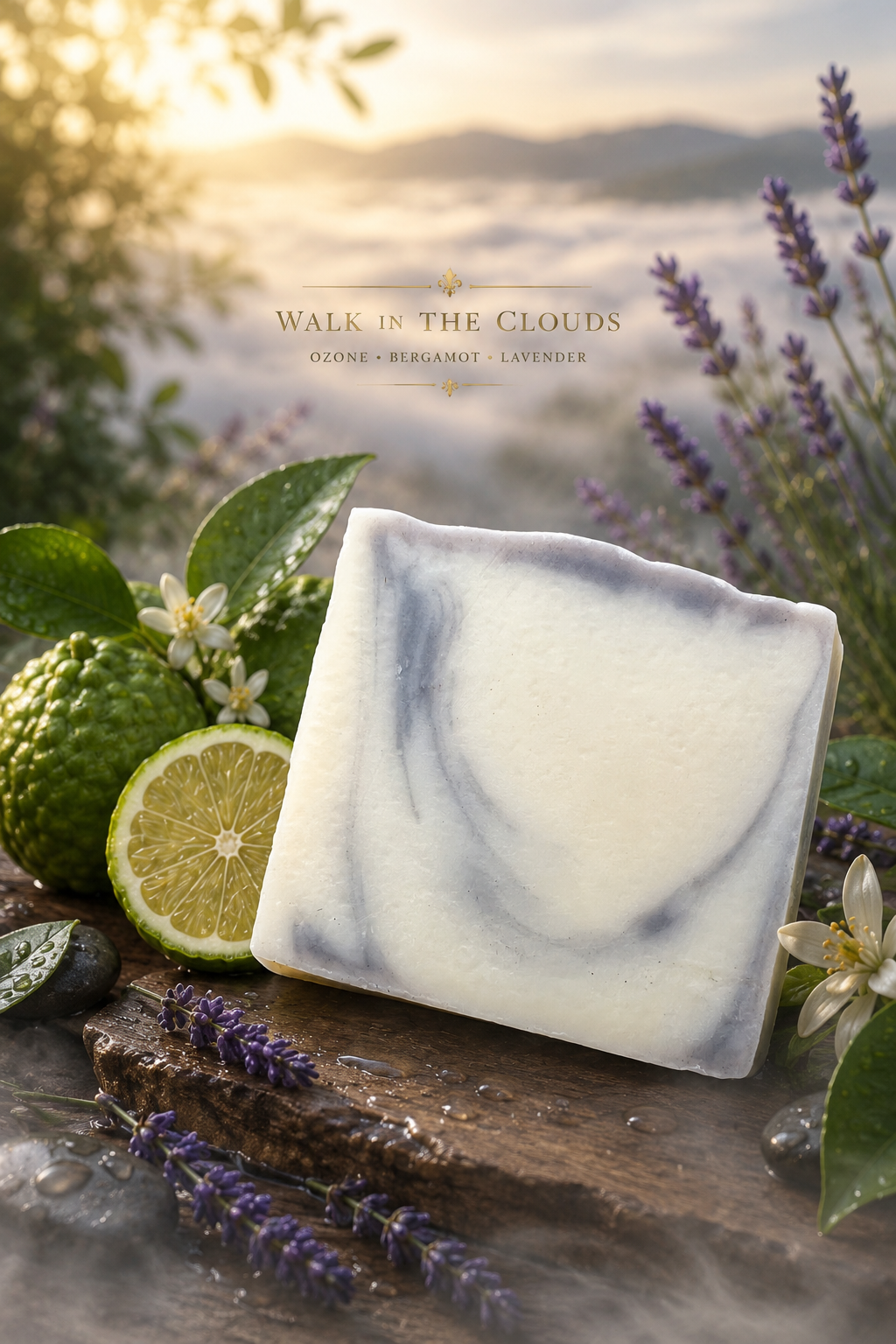 Walk in the Clouds ozone lavender bergamot handmade soap bar with misty North Georgia mountain backdrop, bergamot and lavender props